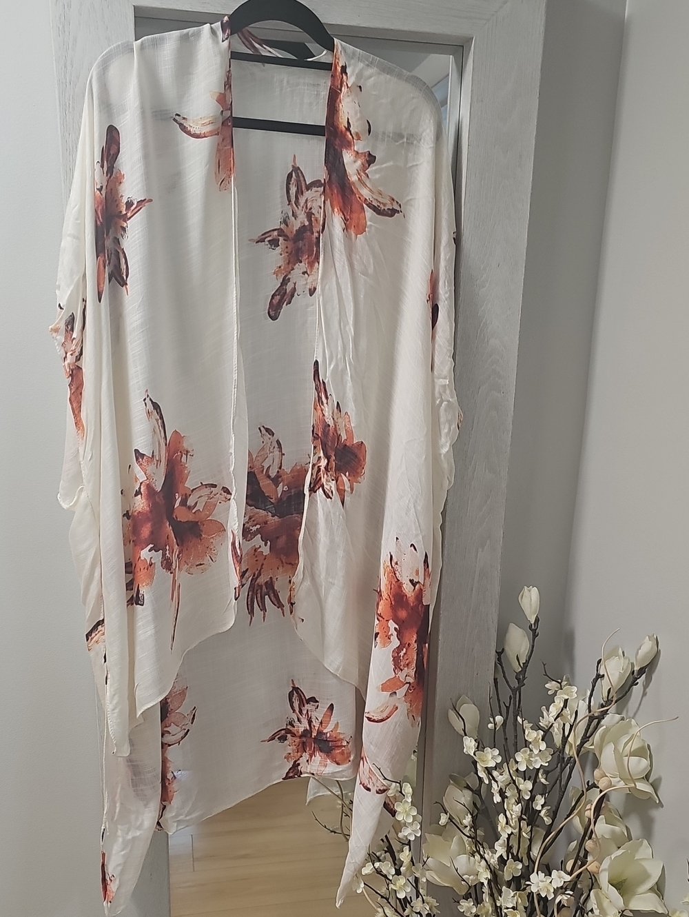 Floral Sheer Ivory Kimono Cover-Up with Rust Blooms